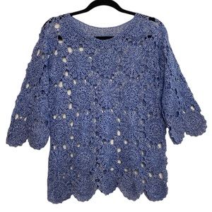 Handmade Top Women Medium Large Blue White Crochet Scallop Blouse Eclectic